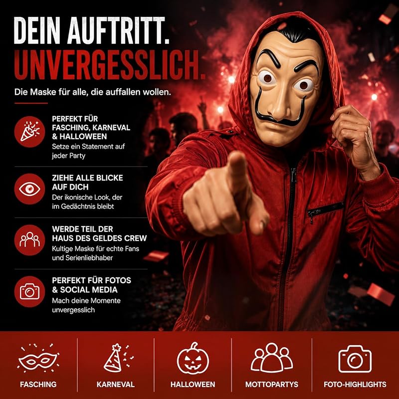 Haus des Geldes Maske - Einheitsgröße - Salvador Dali - Kostüm für Fasching, Karneval, Halloween — Foto 4 von 8