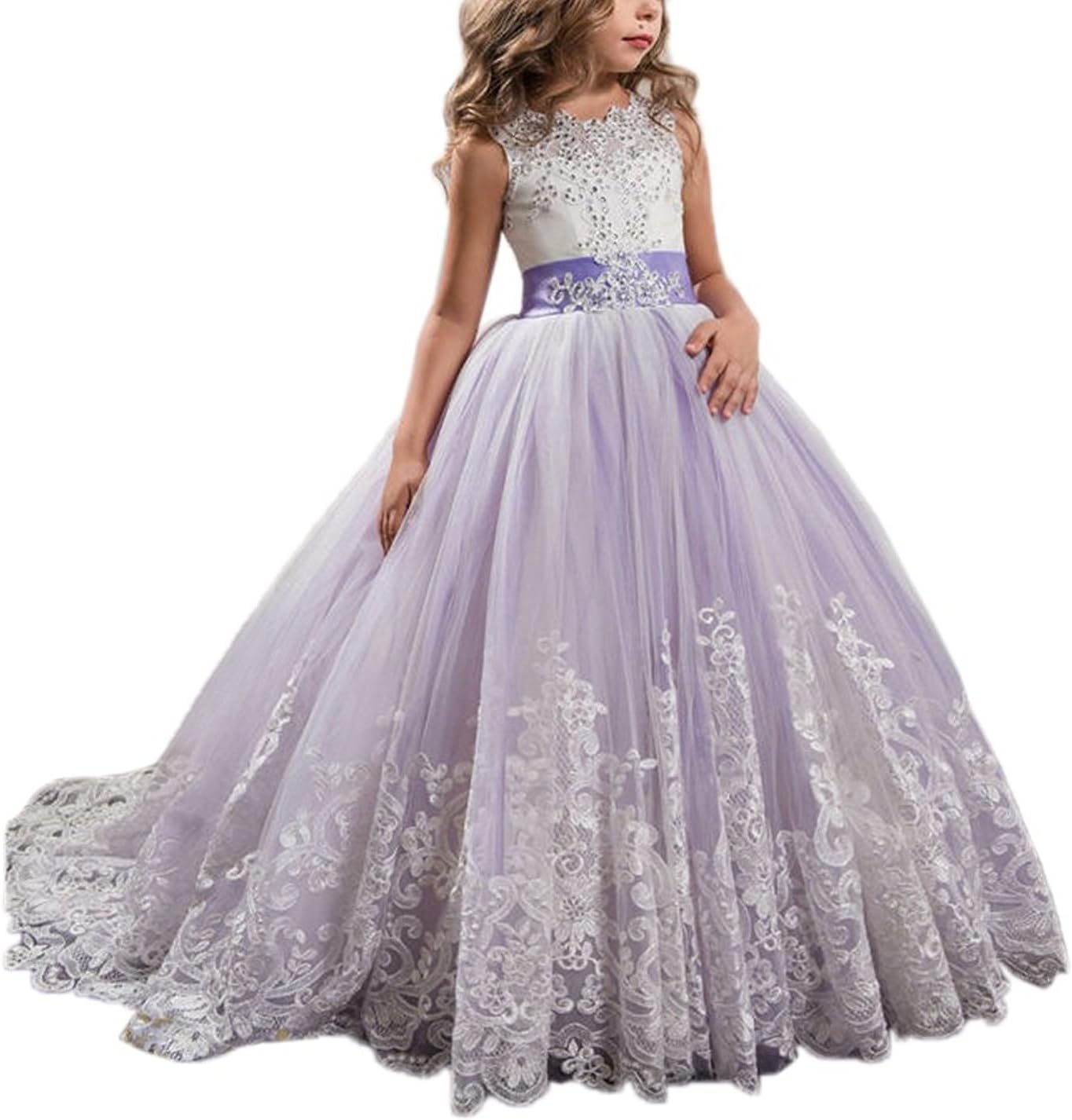 Princess Lilac Long Girls Pageant Dresses Kids Prom Puffy Tulle Ball Gown
