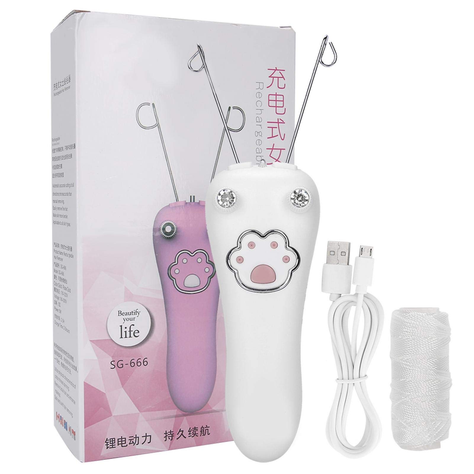 Electric Women Facial Hair Remover, Electric Cotton Thread Epilator Body Hair Remover Threading Device Physical Removal Tool (White)