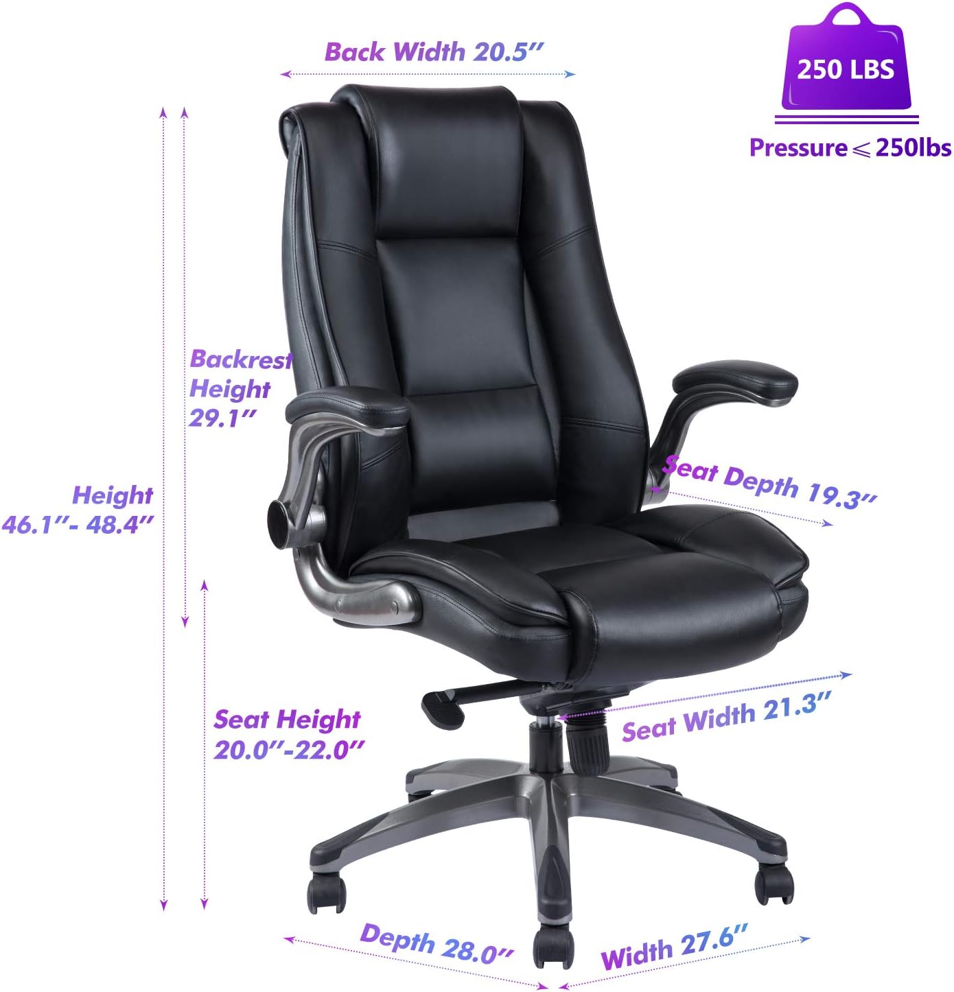 REFICCER High Back Office Chair, Bonded Leather Executive Computer Desk Swivel Chair with Adjustable Tilt Angle Flip-up Arms Thick Padding for Comfort and Ergonomic Design for Lumbar Support (Black): Kitchen & Dining