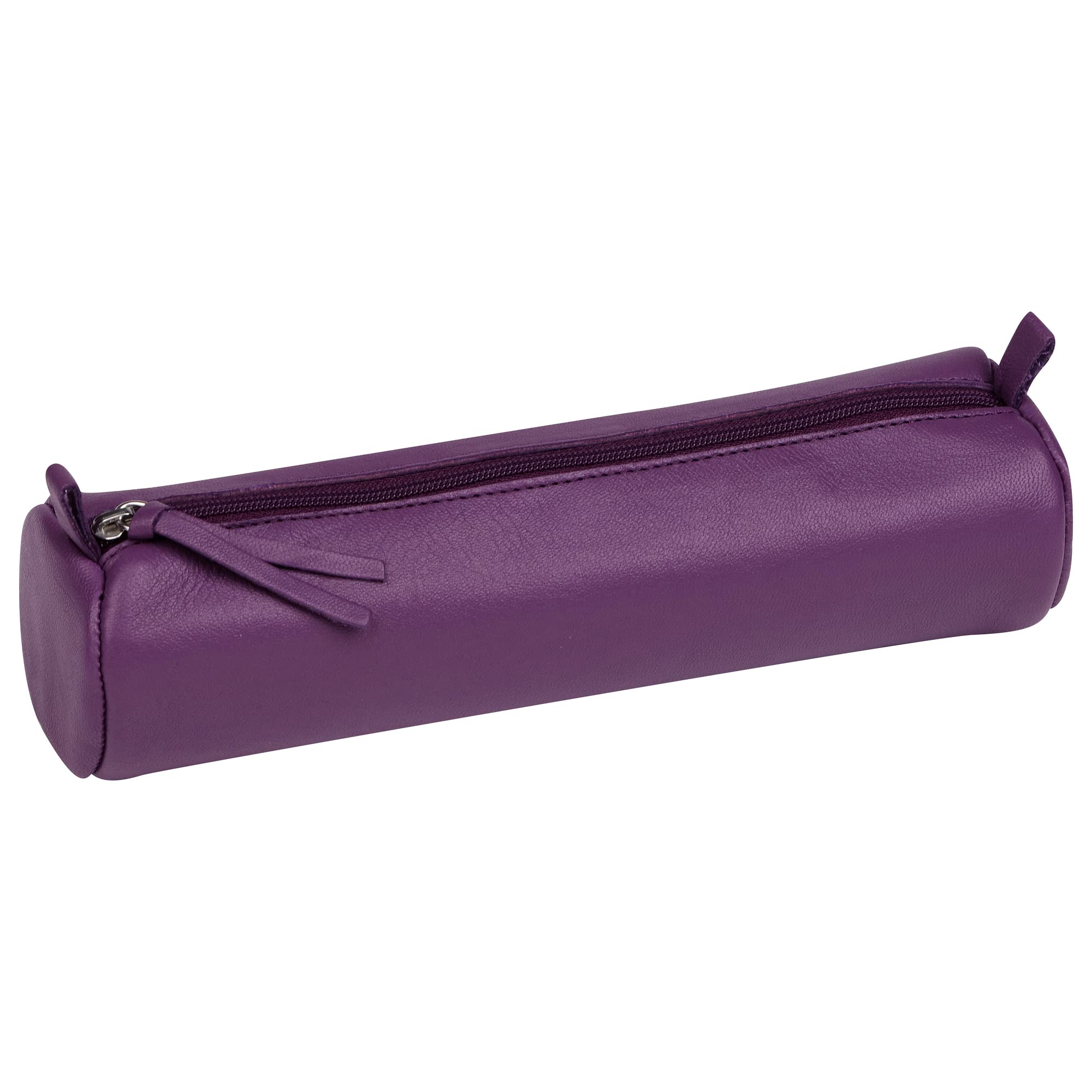 Clairefontaine - Ref 410163C - Coloured Leather Round Pencil Case - 22cm x 5.5cm, Made From Genuine Lambskin Leather, Metal Zip With Leather Puller - Purple