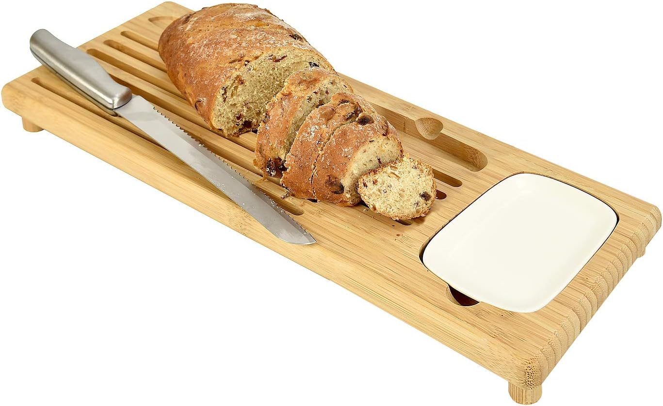 Bamboo Bread Slicer with Bread Knife, Crumb Catcher/Tray to Cut Homemade Bread, Loaf Cake and Bagel, Bread Cutting Board with Condiment Sauce Bowl