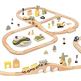 OOOK Multi-Scenario Wooden Train Set,All Wood Accessories Train Set for Toddlers 3 Years Old, Multi-Scenario Train Toy for 3 4 5 Years Old Girls & Boys