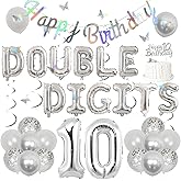 10th Birthday Decorations for Girls Silver,Double Digits Party Supplies Turquoise Banner Cake Cupcake Toppers Number 10 Balloon Star Foil Balloon for 10 Year Old Girl Party Decorations