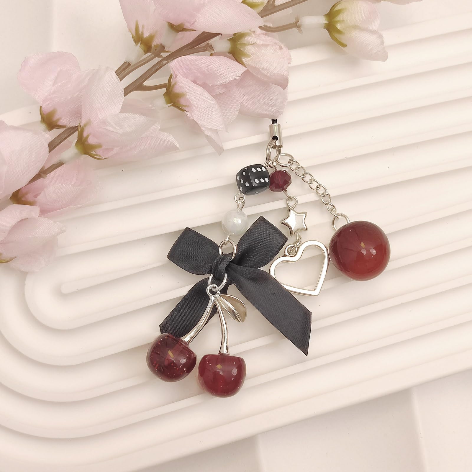 Phone Charms Strap Cute Cherry CellPhone Straps Aesthetic Pink Red Black BlueCherry Phone Chain for Camera Keychain Bag Pendant Decor Gift