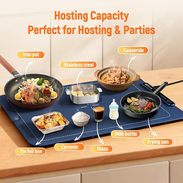 ELECTRIC WARMING TRAY FOR FOOD, 24″ X 16″ LARGE ROLLABLE SILICONE FOOD WARMER MAT WITH 3 ADJUSTABLE TEMPERATURE & CHILD LOCK, FAST 10S HEATING, PORTABLE HEAT PLATE FOR PARTY, BUFFET, SHABBAT, PIZZA