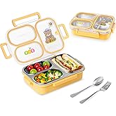 SAYAPE Stainless Steel Bento Lunch Box for Kids, 26.4 oz Leak-Proof 3-Compartment Metal Bento Box, BPA-Free, Cute Cartoon Meal Prep Snack Container with Utensils for School, Office, Travel - Yellow