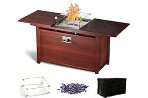 DOINUO 42IN Rectangular Propane Fire Pit Table with Tempered Glass, Removable Desktop, Gas Firepit Table with Glass Beads & Metal Lid, Perfect for Patio & Backyard(Brown)