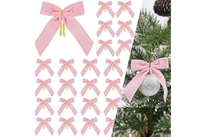 Pink Velvet Bows for Christmas Tree, 24 PCS Velvet Ribbon Bow Ornaments for Xmas Tree, Small Pink Christmas Bows Decorations 