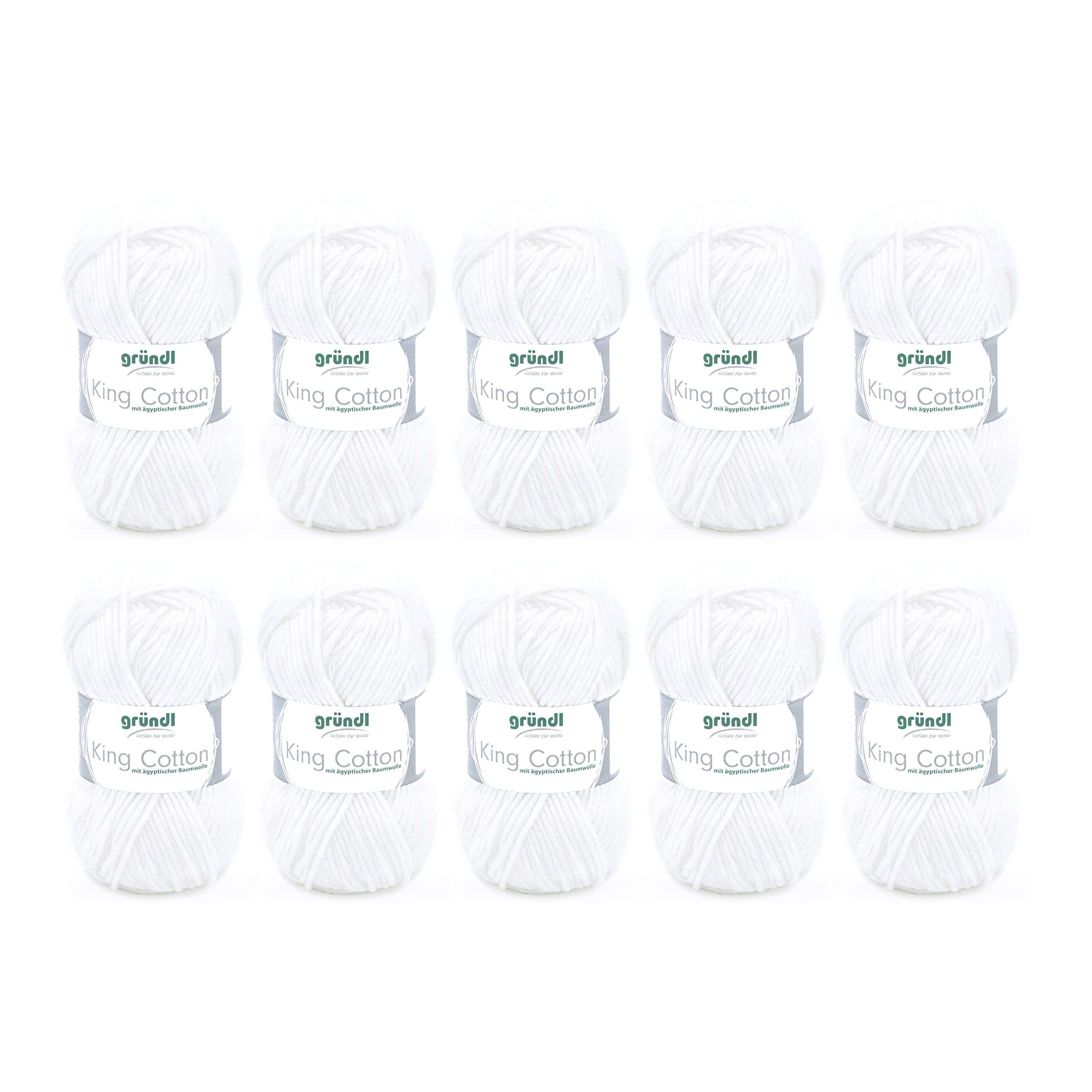 Gründl King Cotton (soft and voluminous knitting and crochet yarn made of 55% polyacrylic & 45% cotton, 50 g / 78 m, needle size: 6-7, 10 x 50 g), White — image 1