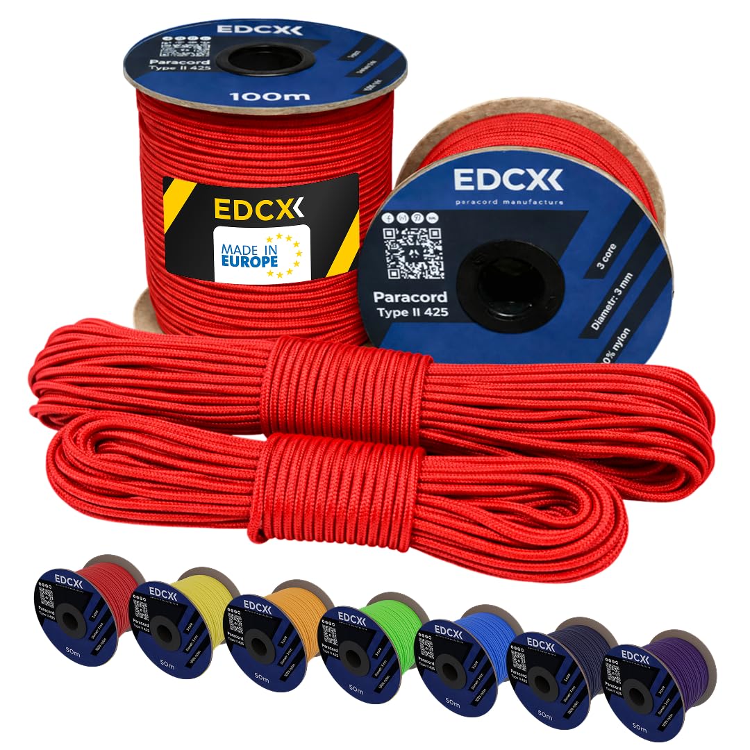 EdcX 3 mm Nylon Paracord 425 (15, 30, 50 and 100m) – 3 mm Type II, 100% Nylon Rope, 3 Strand Rope, 3 mm Nylon Rope in Many Colors (Light Red, 15 m)