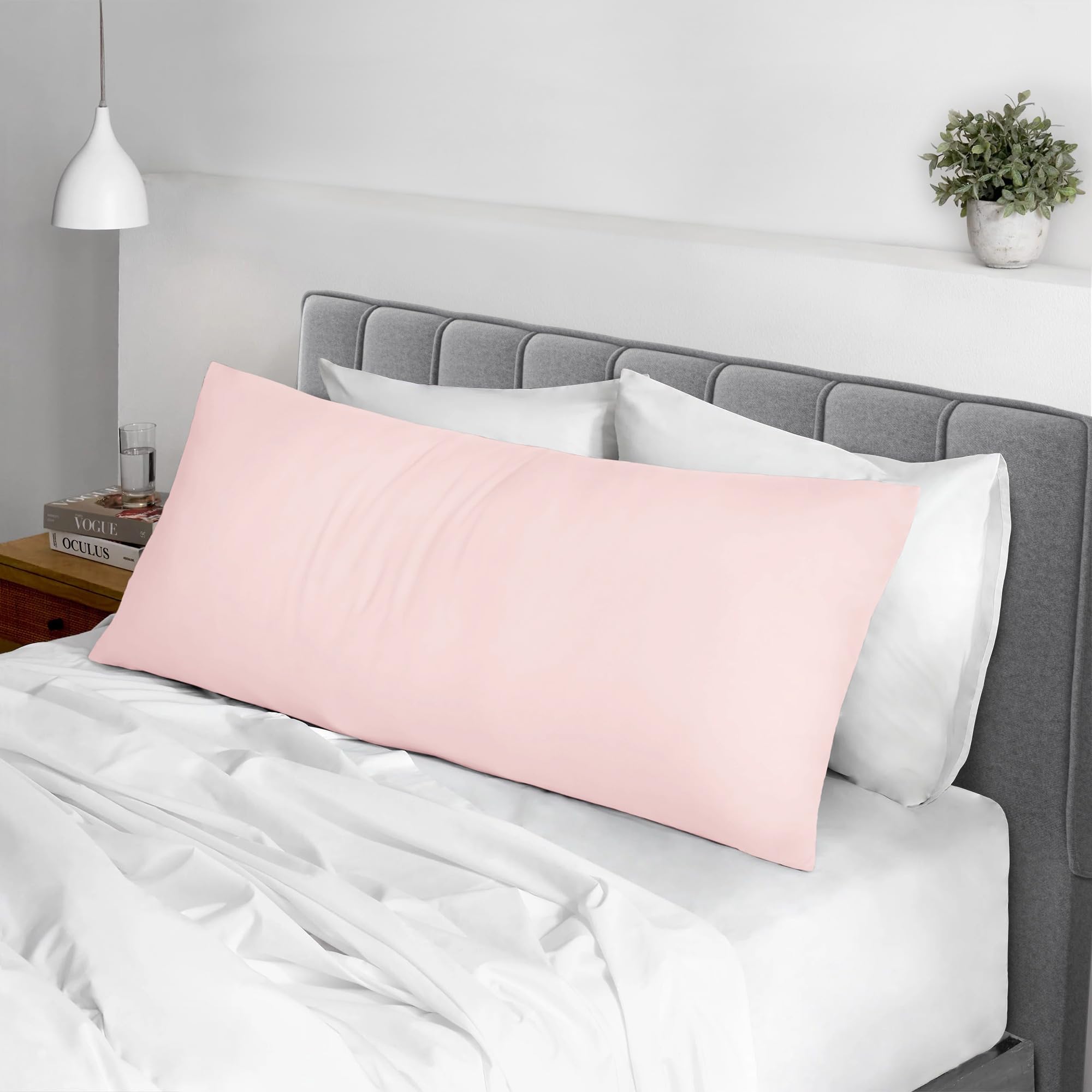 Pizuna Cotton Light Pink Body Pillow Cover 1 Piece Only, 400 Thread Count 100% Long Staple Cotton Body Pillow Case 52x140 cm, Sateen Body Pillowcase (Cotton Pillow Cases for Body Pillows)
