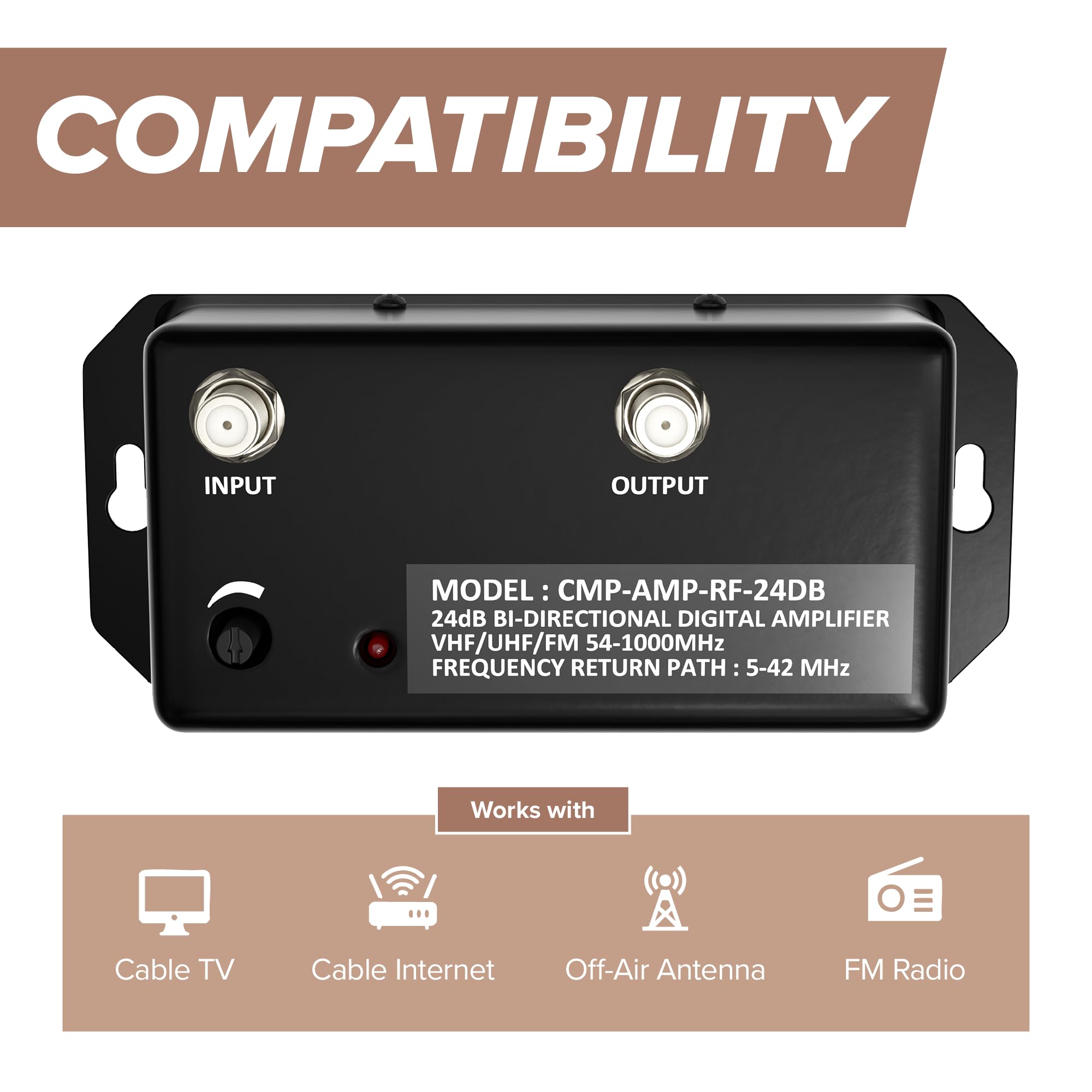 THE CIMPLE CO Antenna Amplifier Kit, Digital TV Signal Booster with Coax, Adjustable Gain, 24 dB Distribution, NTSC, ATSC, FM, UHF, VHF, 1000 MHz, Includes RG6 Coaxial Cable, Indoor Use Only