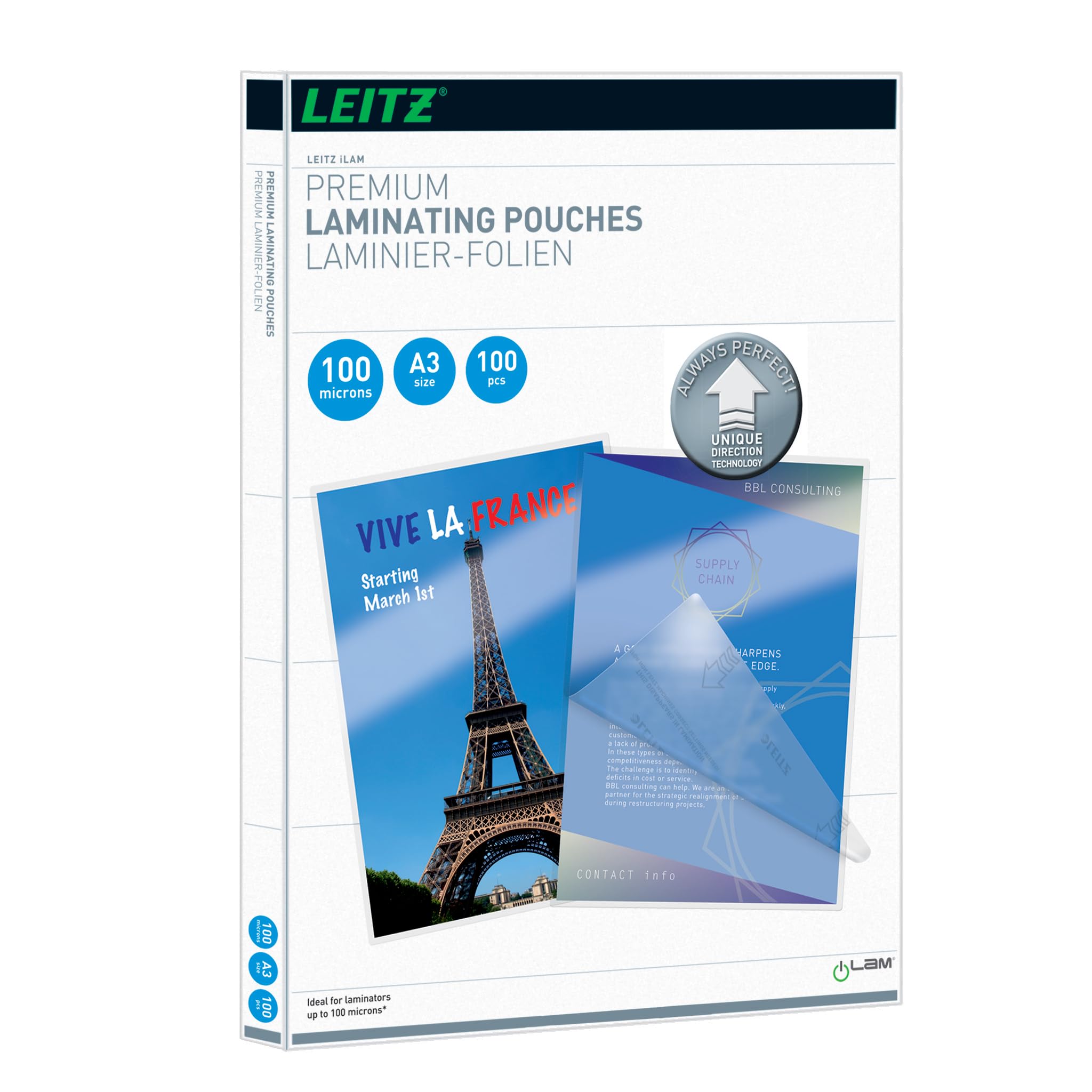 Leitz A3 74870000 Glossy Laminating Pouches - Clear (Pack of 100)
