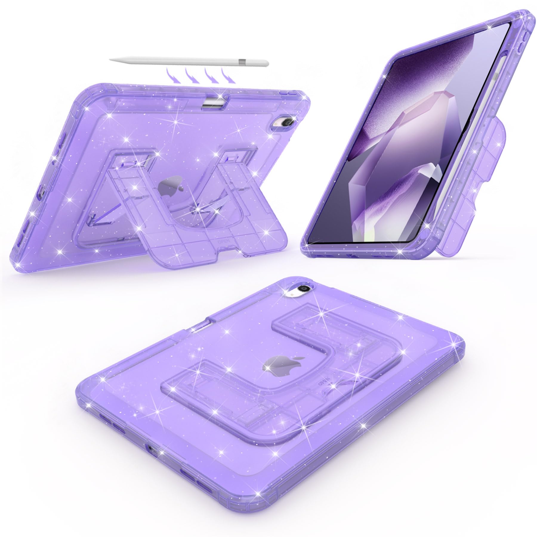 Photo 1 of CCMAO Case for iPad (A16) 11th 11" 2025, iPad 10th 2022 with Pencil Holder & Kickstand, Shockproof Protective Slim Thin iPad Case with Glitter Transparent Back Cover for Kids Women, Purple Glitter
