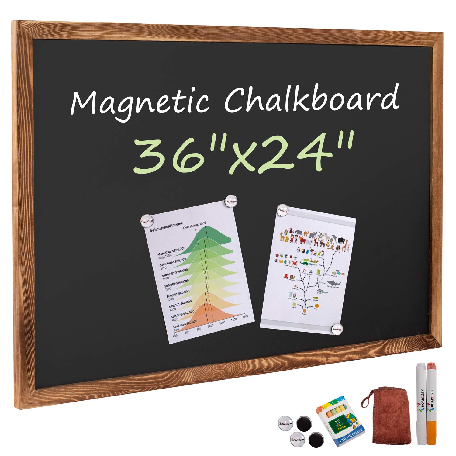 Board2by Rustic Wood Framed Magnetic Chalkboard 24 x 36, Large Hanging Chalk Board Sign for Kids, Non-Porous Wall Blackboard for Wedding Kitchen Restaurant Menu and Home with 4 Unique Magnets, Brown