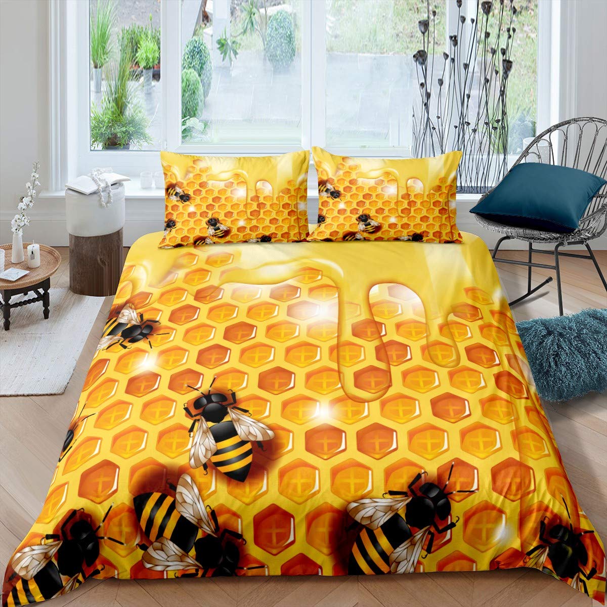 Honeycomb Comforter Cover Cute Bees Bedding Set Beehive Hexagon Duvet Cover for Children Kids Boys Girls Bright Vibrant Microfiber Bedspread Cover Bedclothes Super King