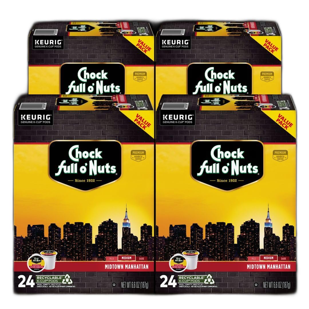 Chock Full o' Nuts Midtown Manhattan Keurig K-Cup Pods for Keurig Brewers – Premium Arabica, Medium Roast – Single Serve – 4 Packs of 24 K-Cup Pods Image