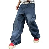 DFGIGT Men's Irregular Sutures Y2k Hip Hop Baggy Jeans Wide Leg Denim Pants Casual Loose Fit Trousers Streetwear