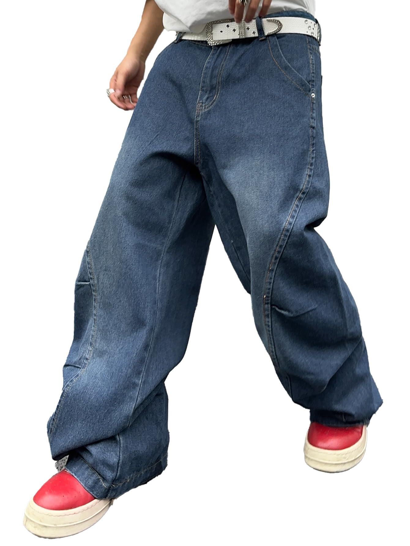 thumbnail image 2 of Men's Baggy Skateboard Jeans Y2K Wide Leg Hip Hop Rapper Streetwear Pants - Dark Wash, Size M 2 of 5