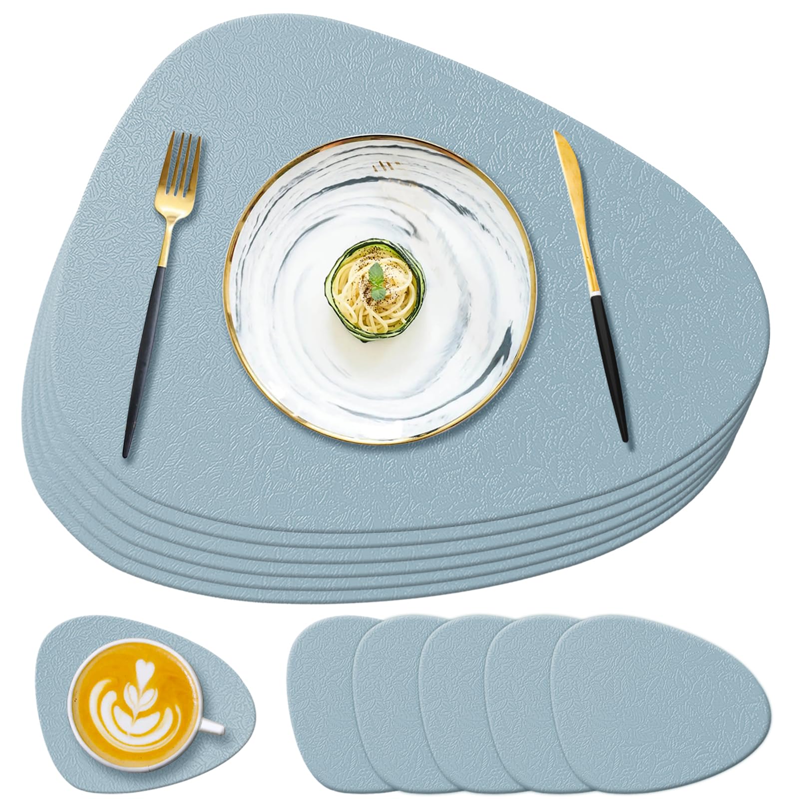 YUNJUER 6 Silicone Table Mats + 6 Washable Coasters, Heat-Resistant 450 °F, Non-slip Wipeable Waterproof Place Mats for Indoor Kitchen, Outdoor Dining Table, Restaurant, 12 Pieces, Light Blue