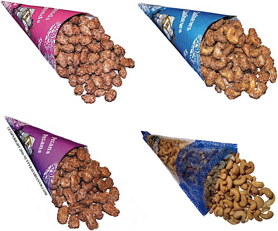 Cinnamon Glazed Roasted Almonds, Cashews, Pecans, and Lightly Salted Cashews in 4 Cone Pack