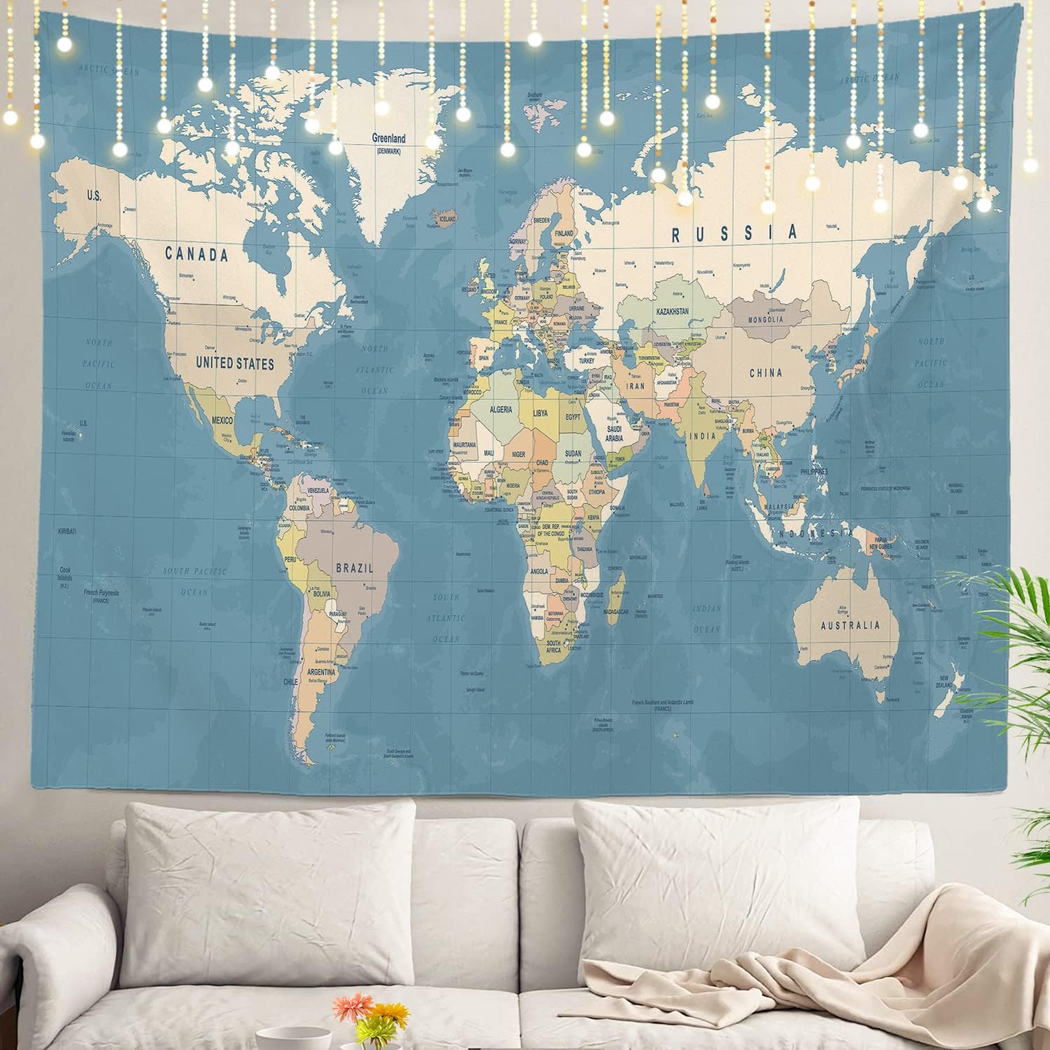 Tapestries - Shrahala Grey Geographical World Wall Tapestry, Blue Map Educational Beige Vintage for Kids Wall Hanging Large Tapestry Decoration Polyester Fiber White Hem Around for Dorm Room Bedroom 39.1 x 59.1 in