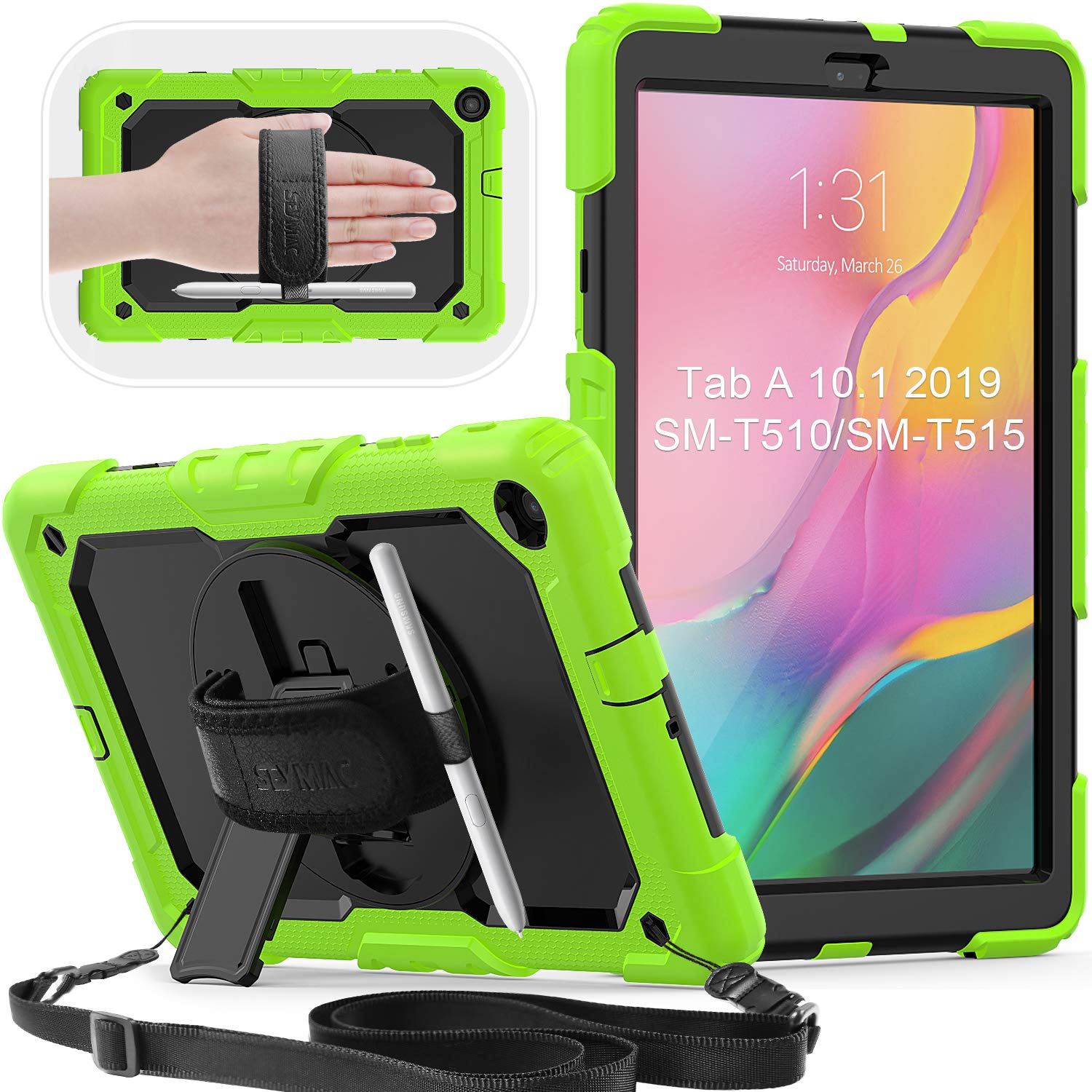 Galaxy Tab A inch 2019 Case,SEYMAC [360 Swivel Hand Strap&Stand]  Protection Case with Shoulder Strap Pen Holder[Screen Protector]for Galaxy  Tab