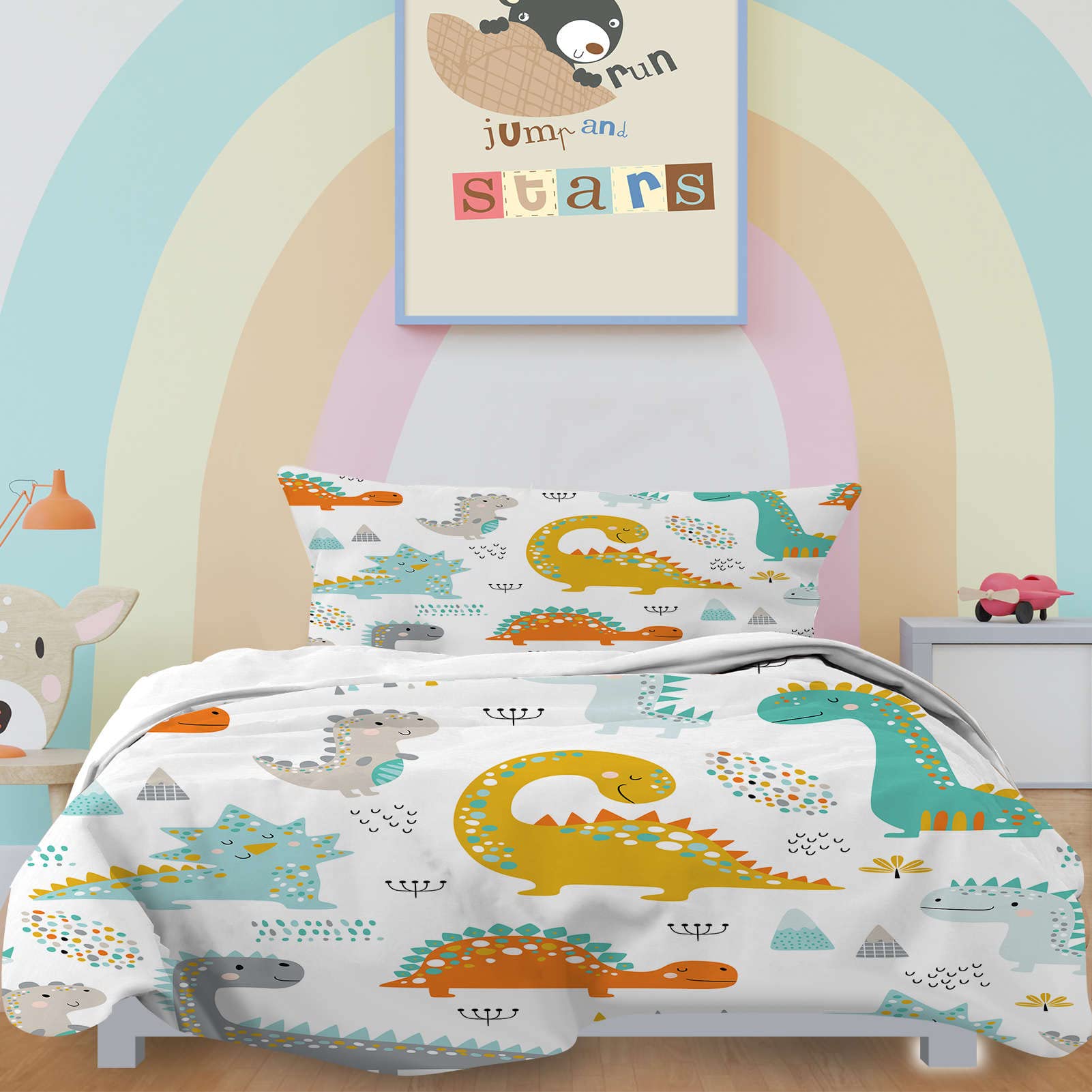 YUANZU Dinosaur Duvet Cover Set Single for Kids Boys Girls Nursery Bedding Set 2 Pieces Colorful Cute Dino Animals Printed Soft Microfiber Quilt Cover with Zipper Closure (135x200cm & 1Pillowcase)