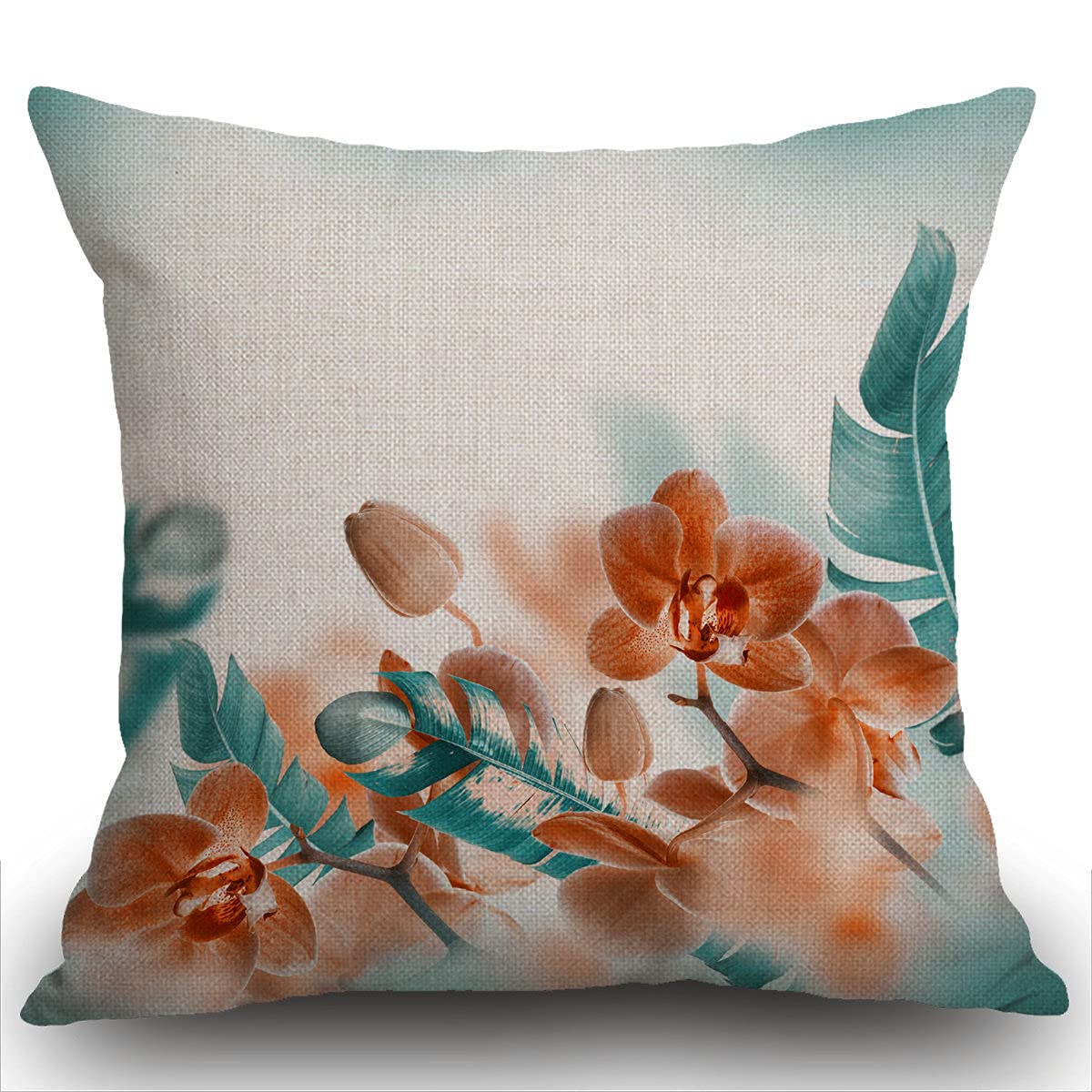 Smooffly Cushion Cover Tropical Orchids Blossom Leaves on Blurred Background Floral Themed Modern Artwork Orange Teal Home Decor Square Pillow Case for Bedroom Living Room Throw Pillow Cover 18"x18"