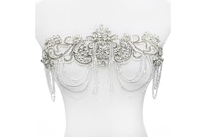 amusediy White Beaded Rhinestones Applique Embellishment for Clothes,Epaulettes Shoulder Patches Sew-on Diamond Sequin Applique for Wedding Dress DIY Accessories Belt Waist Decoration