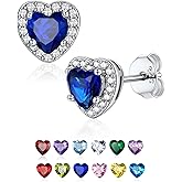 Dainty Sterling Silver Birthstone Stud Earrings, Heart Crystal Stud Earring, Jan - Dec Birthday Gift for women/Come with Box