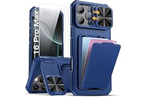 SSLOTSCASE for iPhone 16 Pro Max Case with 2X Screen Protector, Stand & Credit Card Holder & Sliding Camera Cover, Full-Body Drop Proof Silicone Edge Protective Case Cover for iPhone 16 Pro Max, Blue