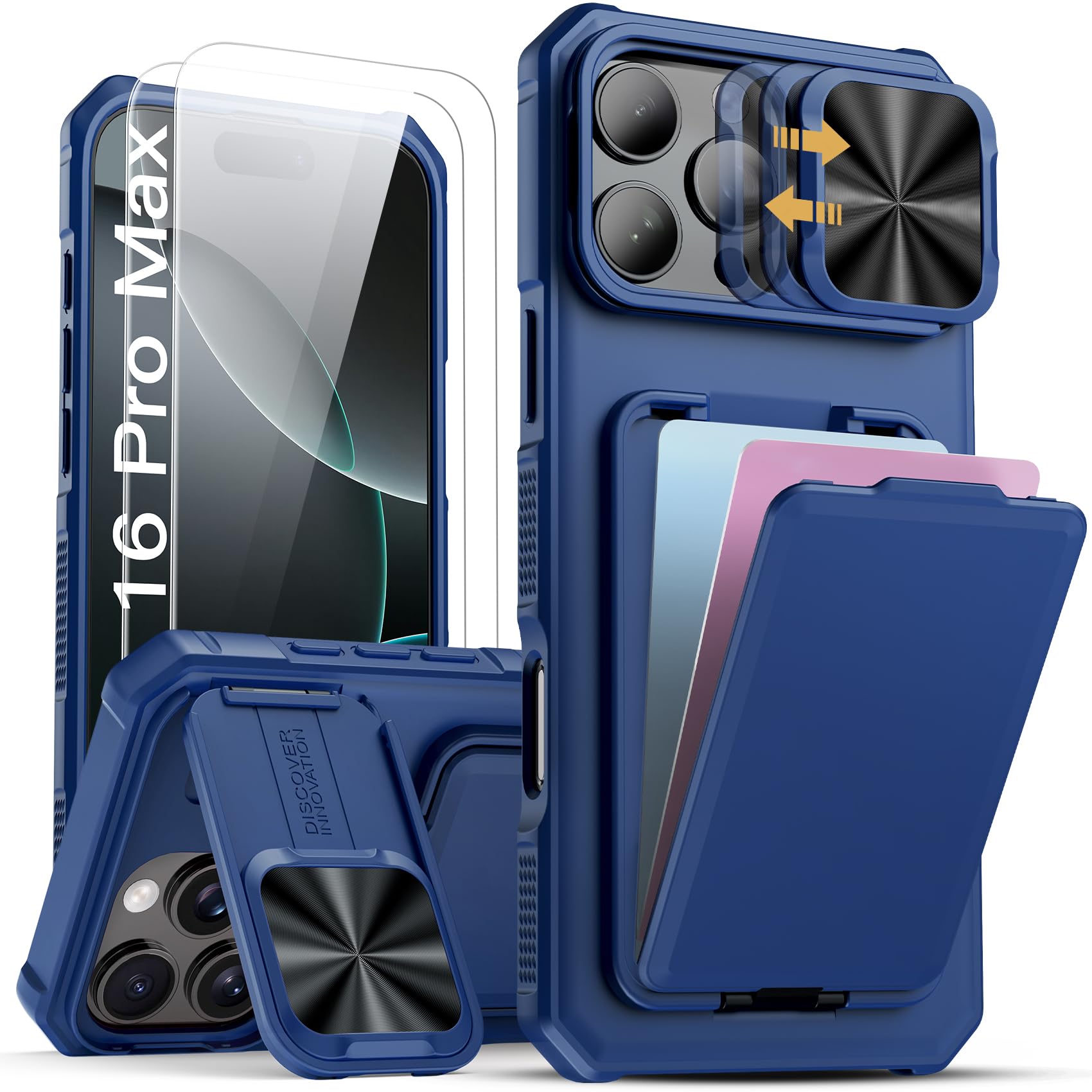 Photo 1 of SSLOTSCASE for iPhone 16 Pro Max Case with 2X Screen Protector, Stand & Credit Card Holder & Sliding Camera Cover, Full-Body Drop Proof Silicone Edge Protective Case Cover for iPhone 16 Pro Max, Blue