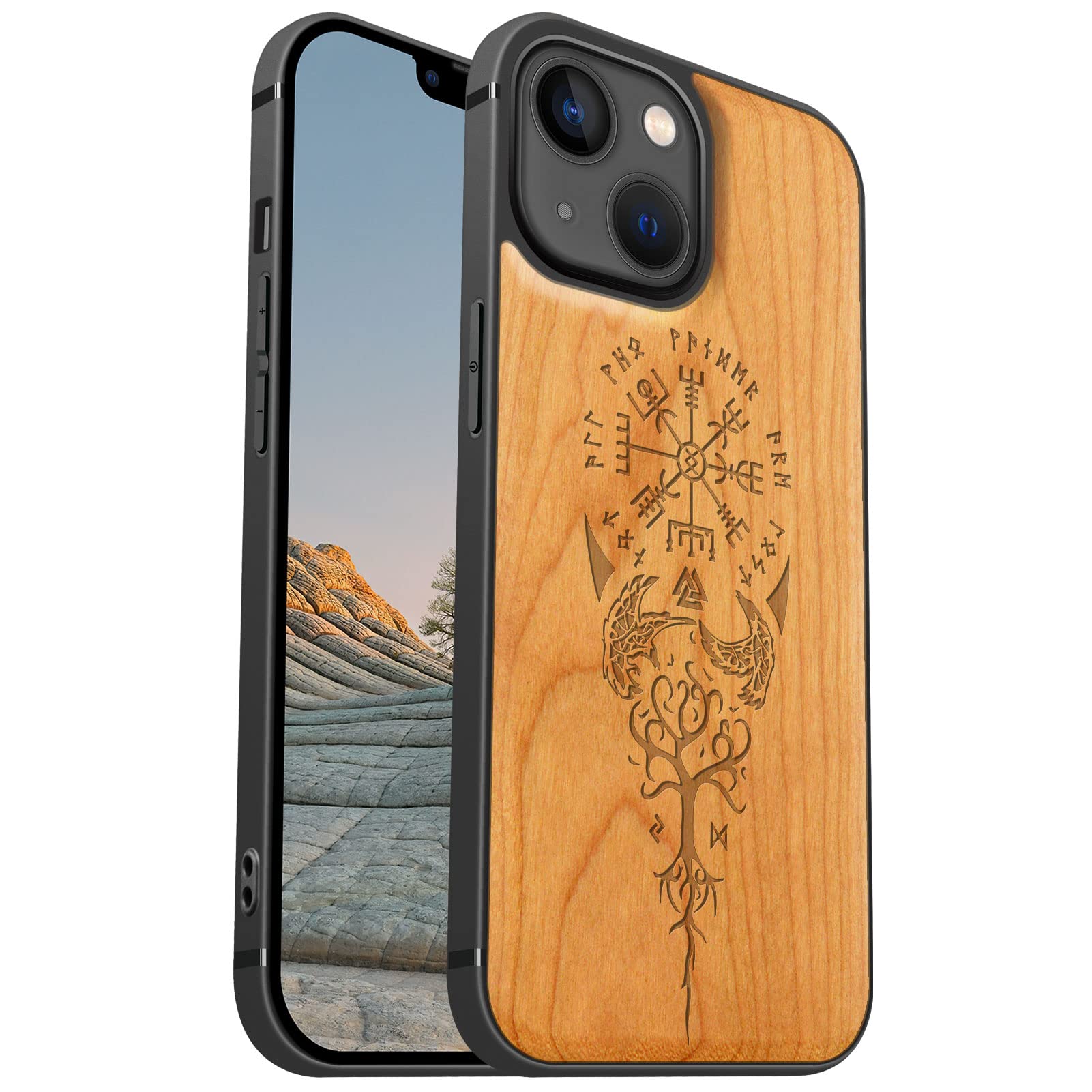 Carveit Magnetic Wood Case for iPhone 13 Mini - Hard Real Wood & Soft TPU Hybrid Shockproof Protective Cover - Unique & Classy Cherry Wooden Case Compatible with MagSafe (Viking Compass Vegvisir)