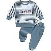 FOMOYUU Baby Boy Fall Winter Outfits Striped Embroidered Waffle Sweatshirt Infant Pullover Top Pants Sets Toddler Clothes