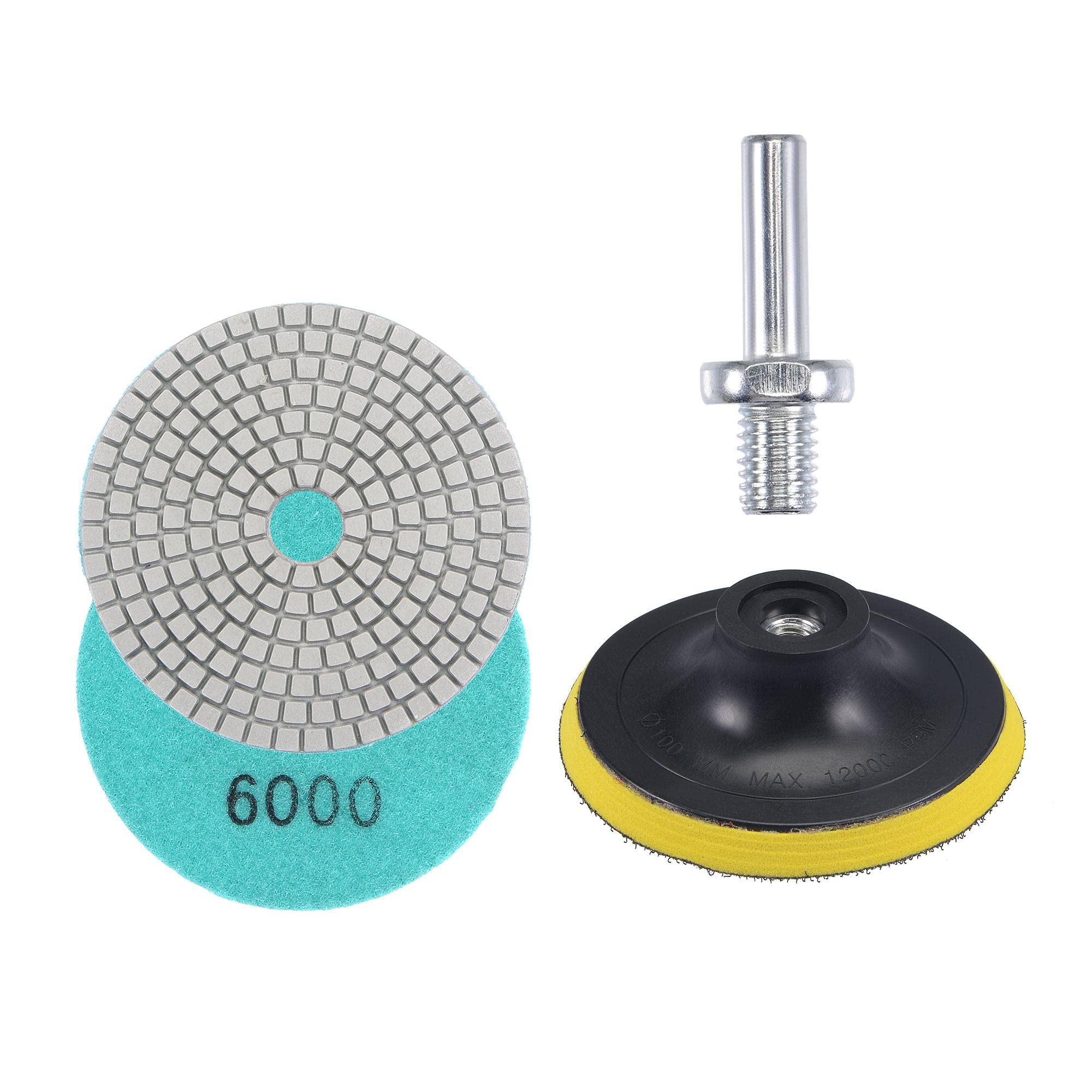 sourcing map 4 Inch 6000 Grit Diamond Wet Polishing Pad Set, for Stone Concrete Marble Grinder or Polisher, with M10 Hook and Loop Backing Holder Pad Connecting Rod