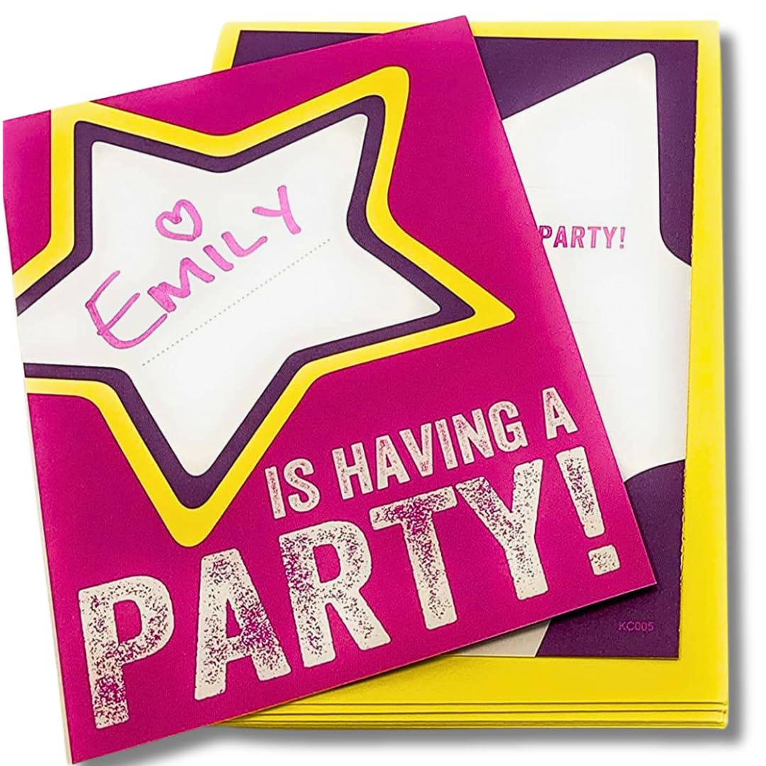 WRAPT 10 PINK KIDS BIRTHDAY INVITATIONS, Girls Party Invitations, Fill in the Name in the Star Birthday Party Invites Cards with Yellow Envelopes, 10 pack set