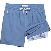 maamgic Mens Swim Trunks 7" Swim Shorts with Compression Liner Quick Dry Swimming Trunks Plaid Grain Bathing Suit