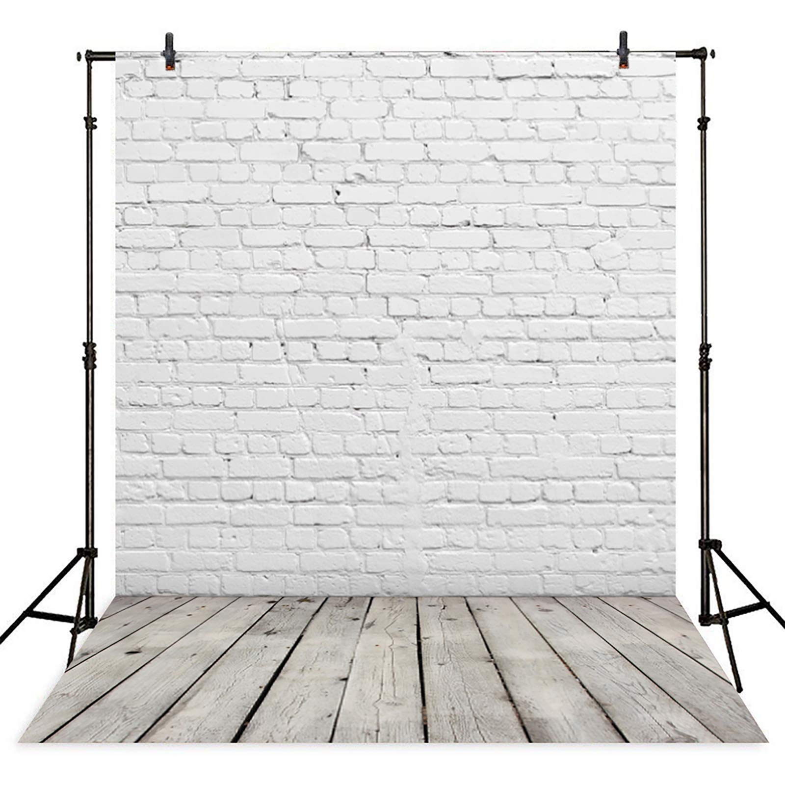 Photo 1 of Allenjoy 8x12FT White Brick Wall with Grey Wood Floor Photographic Background Holiday Christmas Photography Family DIY Photo Booth Backdrop Portrait Photoshoot Photography Props