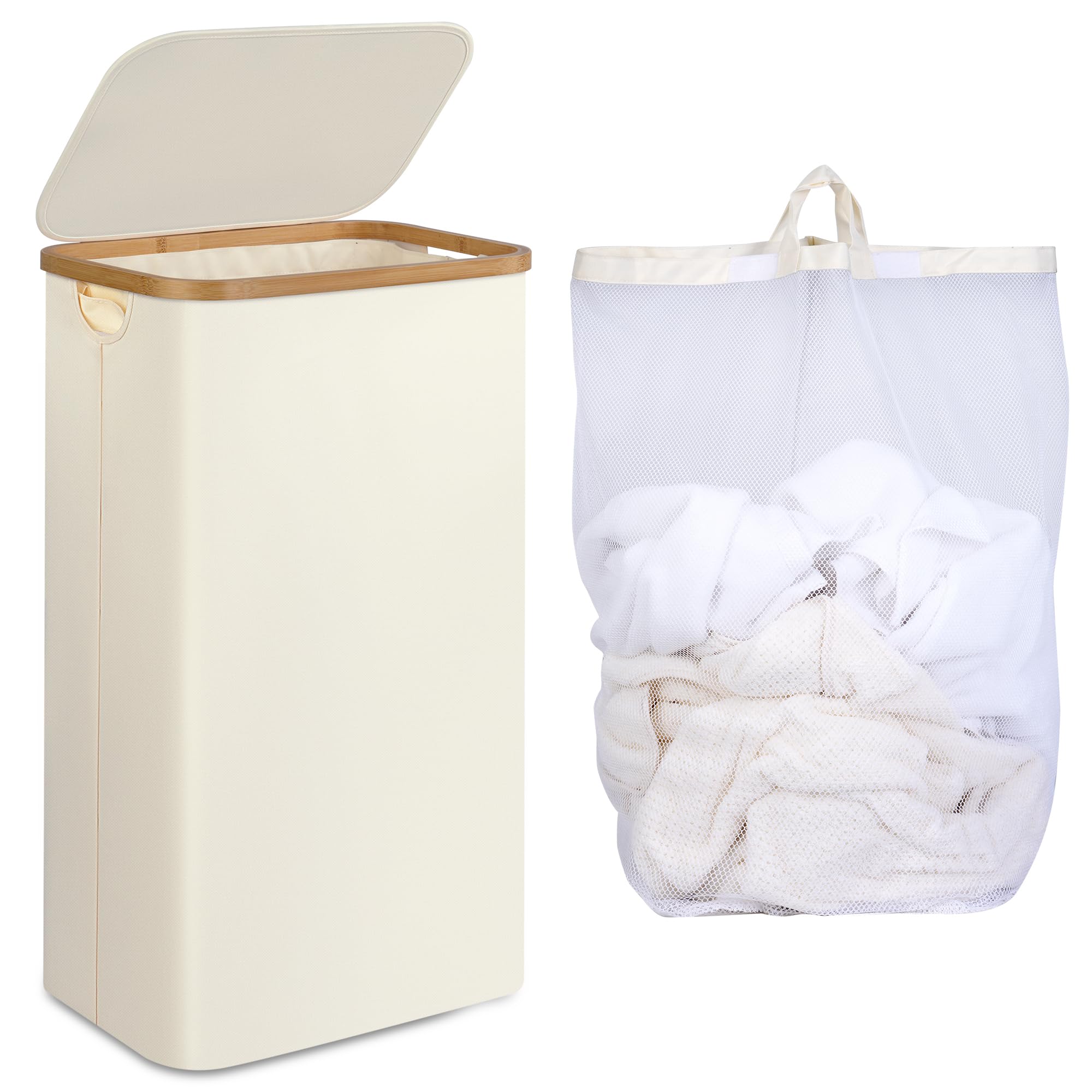 iEGrow Collapsible Laundry Basket 110L, Laundry Baskets with Lid and Handle, Laundry Hamper with Removable Inner Bag, Bamboo Washing Basket (Beige, 75L)