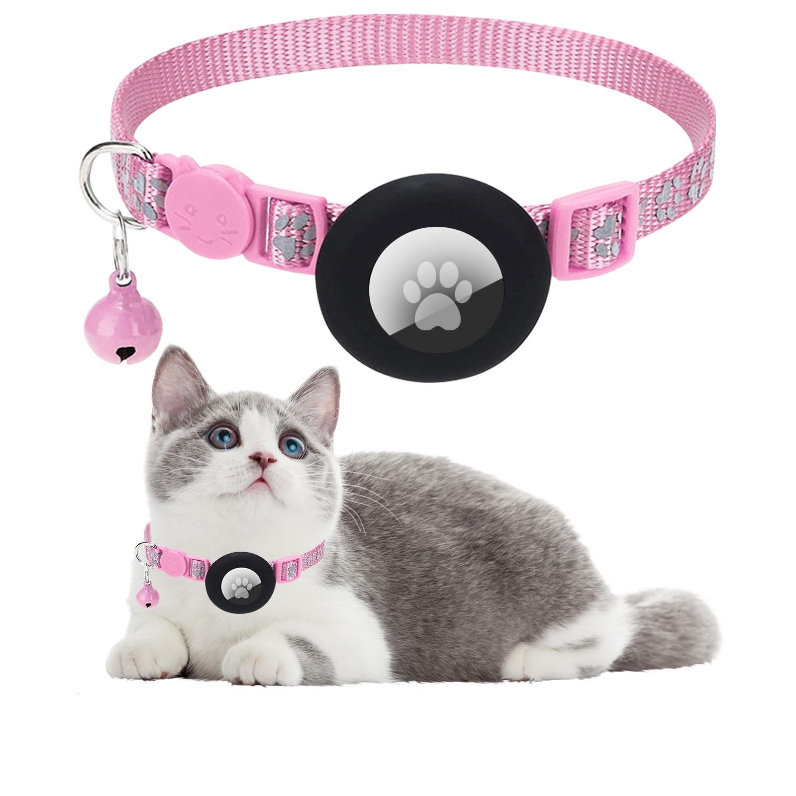 Ledeak Cat Collar with Air Tag Holder, Reflective Lightweight Airtag Cat Collar with Bell and Safety Buckle, Adjustable Quick Release Personalised Kitten Collar for Boy and Girl Cat (Pink)