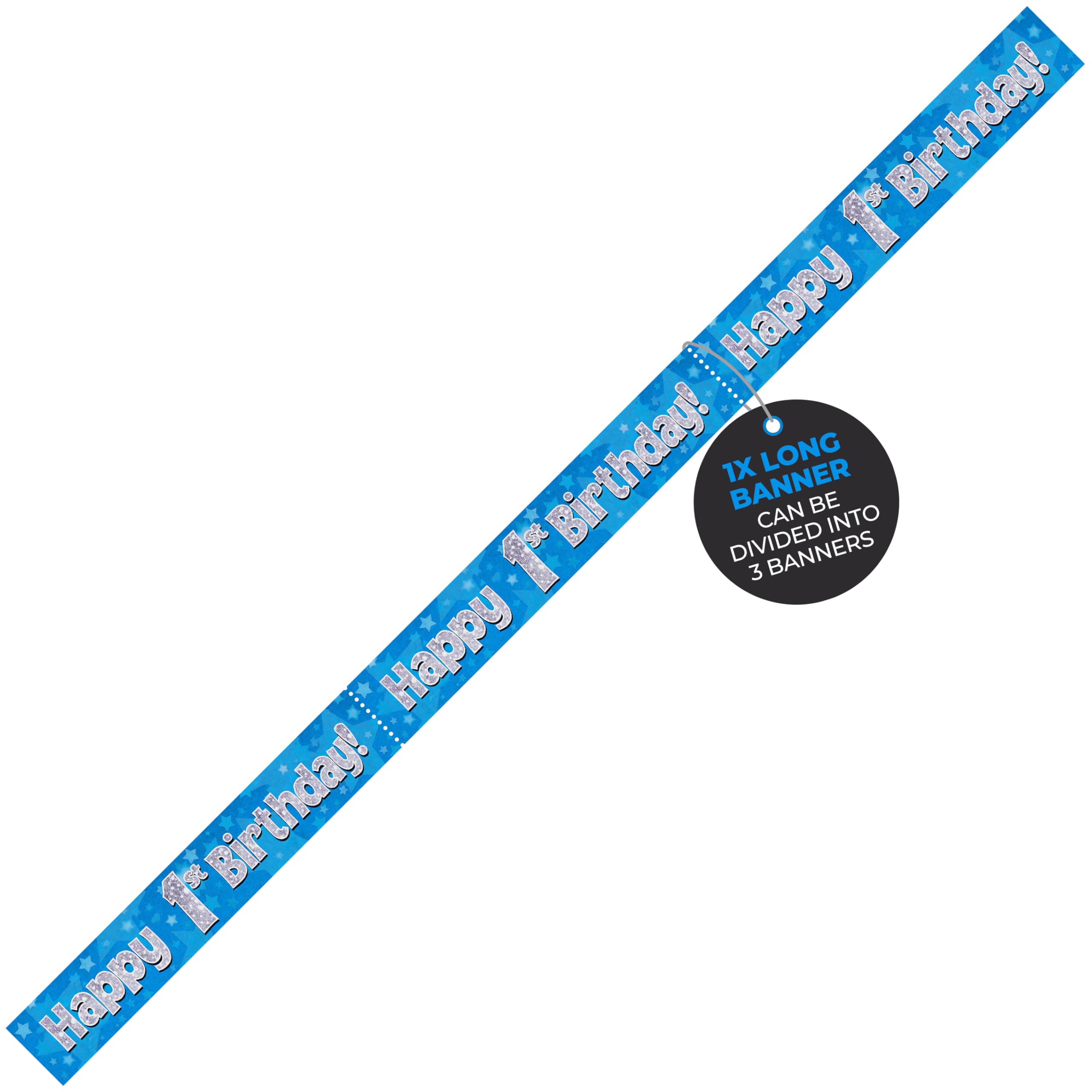 British Ballet® 1st Birthday Banner (2.7m x 13cm) • Holographic Party Decoration • Age 1 Foil Pennant • 3 x 90cm Banners • Indoor & Outdoor Use • Blue Birthday Banner for Baby Boys & Girls