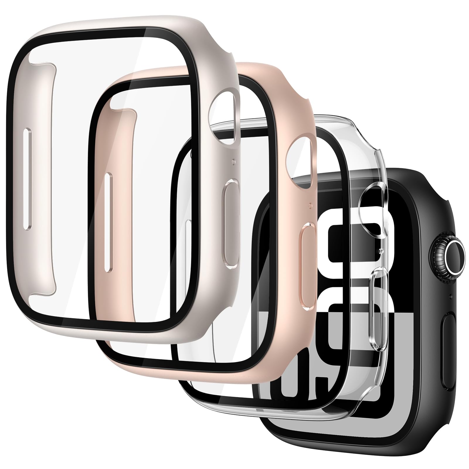 Misxi 4 Pack Case with Scratch-Resistant Screen Protector for Apple Watch Series 11 Series 10 46mm, Cover with Hard PC Tempered Glass for iWatch, 1 Black + 1 Transparent + 1 Starlight + 1 Rose Gold