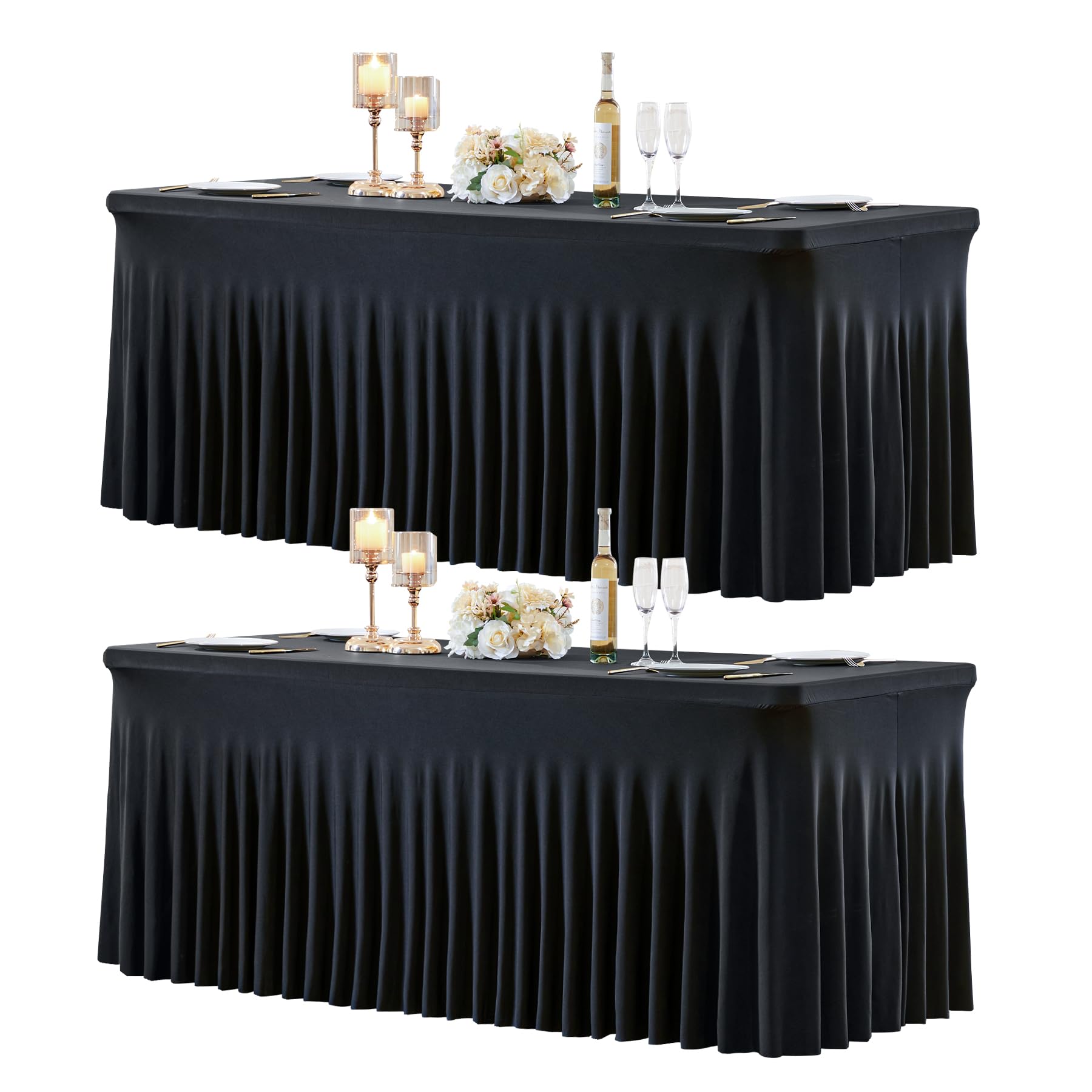 Photo 1 of 2 Pack 6ft Black Spandex Tablecloths for Rectangle Tables Wrinkle Free Black Rectangle Table Cloths Stretch Fitted Table Cover with Skirt for Wedding Birthday Party Banquet Baby Shower Buffet Event