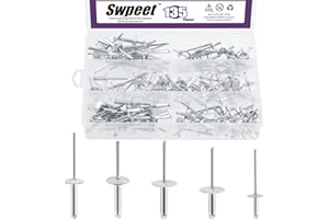 Swpeet 135Pcs 3/16" x 3/8" / 1/2" / 5/8"/ 3/4"/ 1" Large Flange Aluminum Blind Rivets Kit, Silver Pop Rivets Open End Type Po