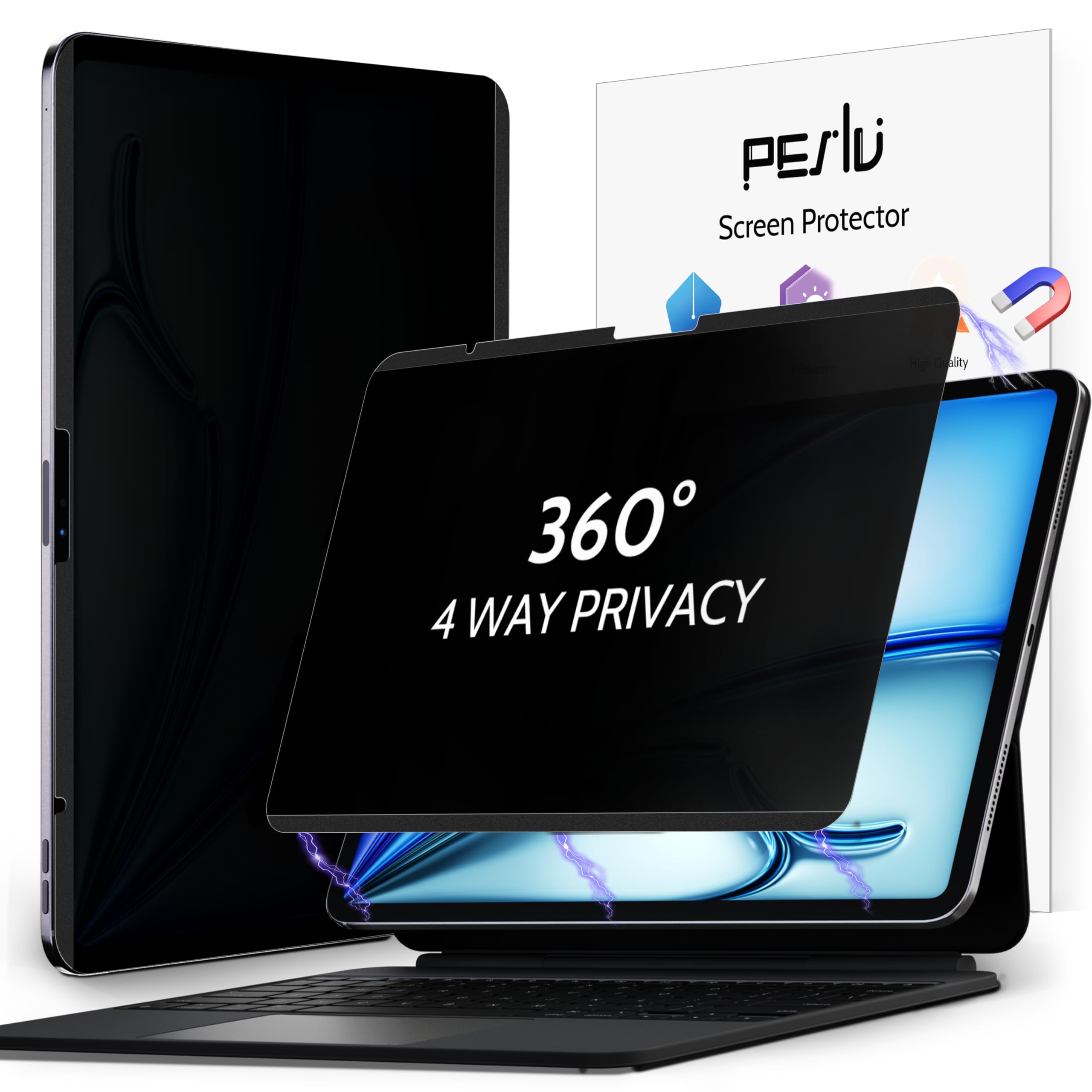 Photo 1 of Peslv 4-Way Magnetic Privacy Screen for iPad Air 13 Inch 2024/2025 (M2/M3, 6th/7th Gen), Removable 360 Spy Private Filter, Anti Blue Light Glare Bubble-Free Easy Install Black Screen Protector