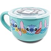 Silver Buffalo Disney Lilo and Stitch Aloha Various Faces Ceramic Soup Mug with Vented Plastic Lid, 24 Ounces