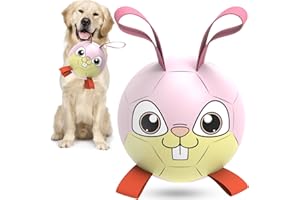 QDAN Rabbit Dog Toys Soccer Ball with Straps, Easter Day Dog Toys for Medium Small Dogs, Interactive Dog Balls for Tug of War, Herding Dog Ball Toys Outdoor Indoor (6 Inch)