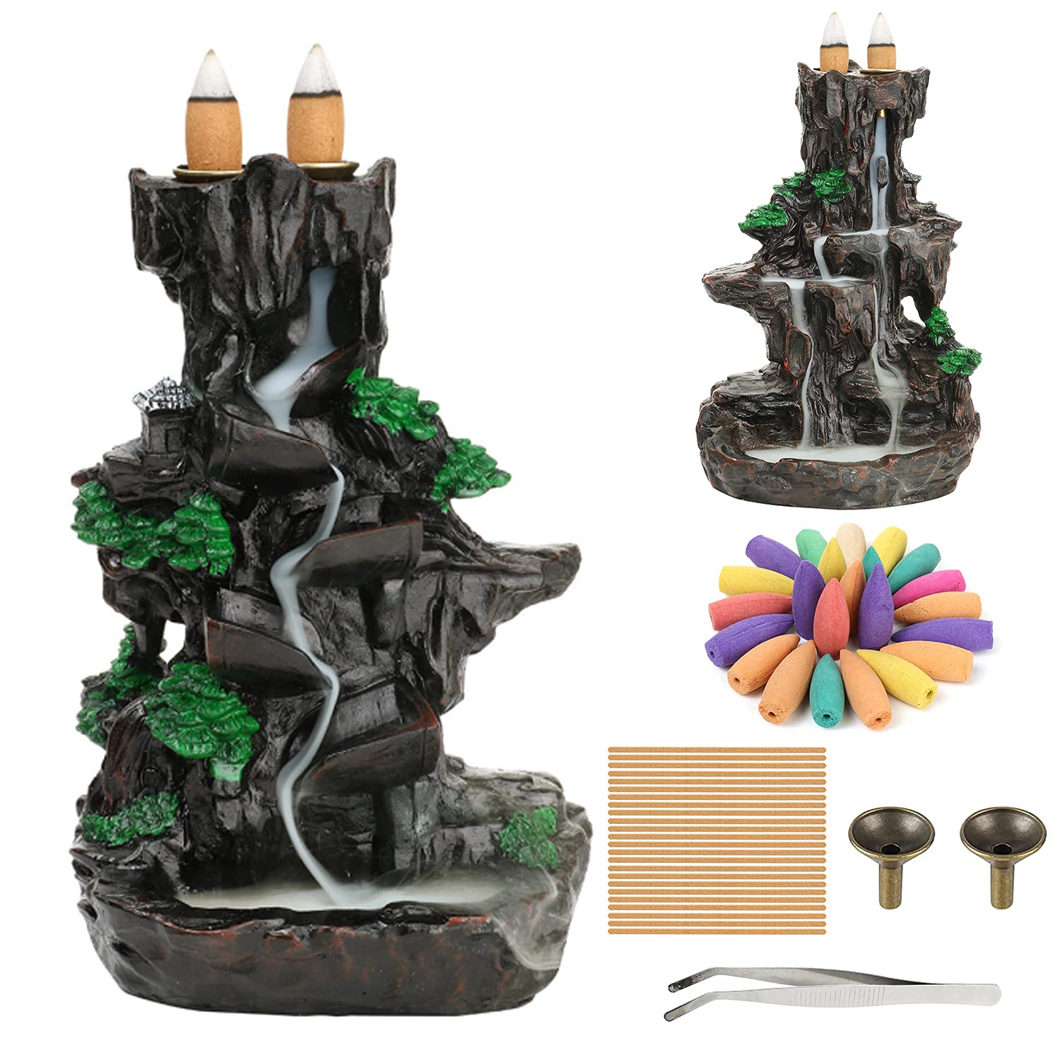 XUDREZ Mountain Backflow Incense Holder Resin Waterfall Burner Incense Cones Holder Home Decor Gifts with 120pcs Cones